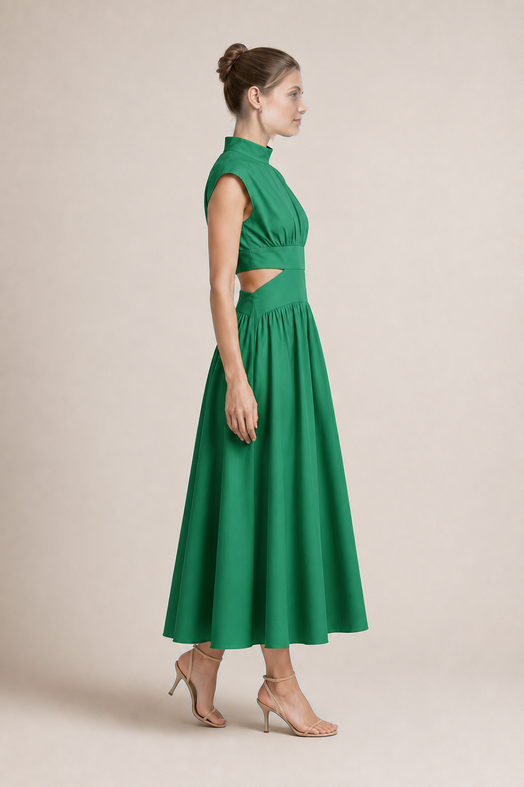 High-Neck Pleated Maxi Dress in Green, side view