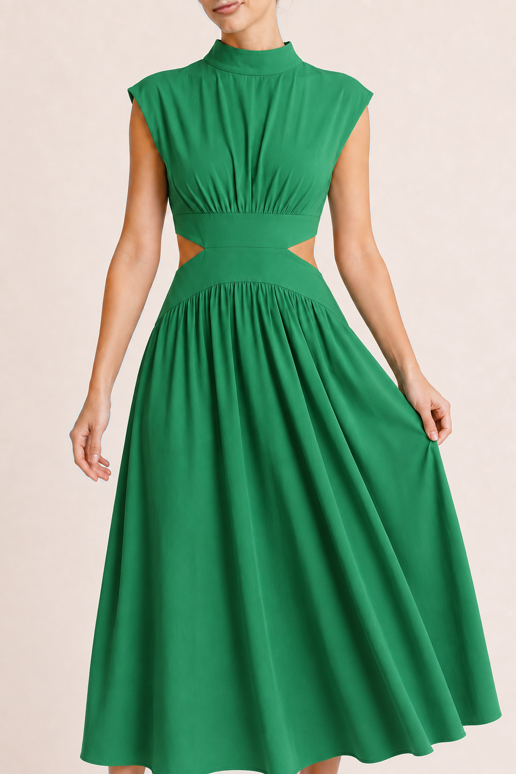 High-Neck Pleated Maxi Dress in Green, pleated fabric detail