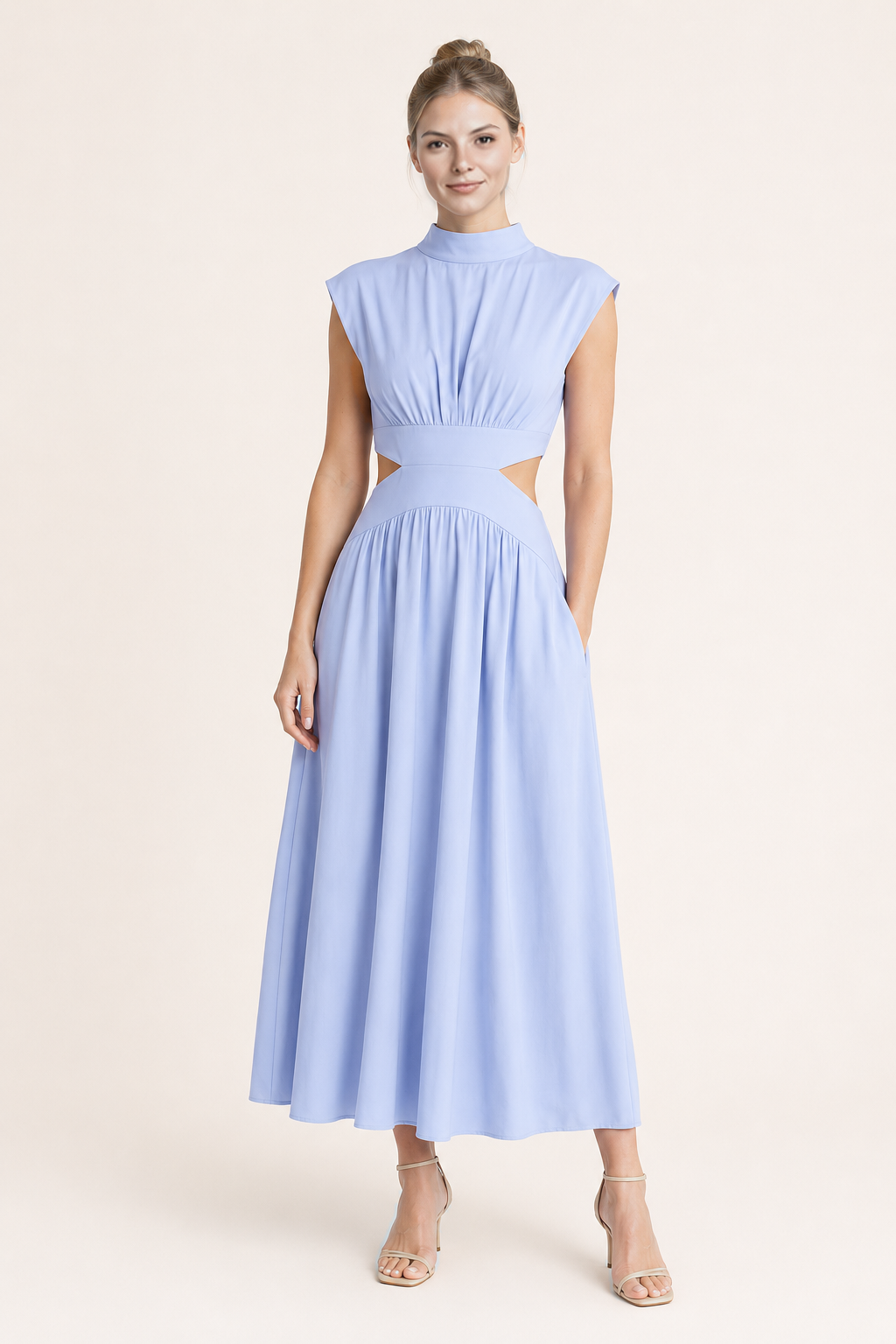High-Neck Pleated Maxi Dress in Light Blue, front three-quarter view