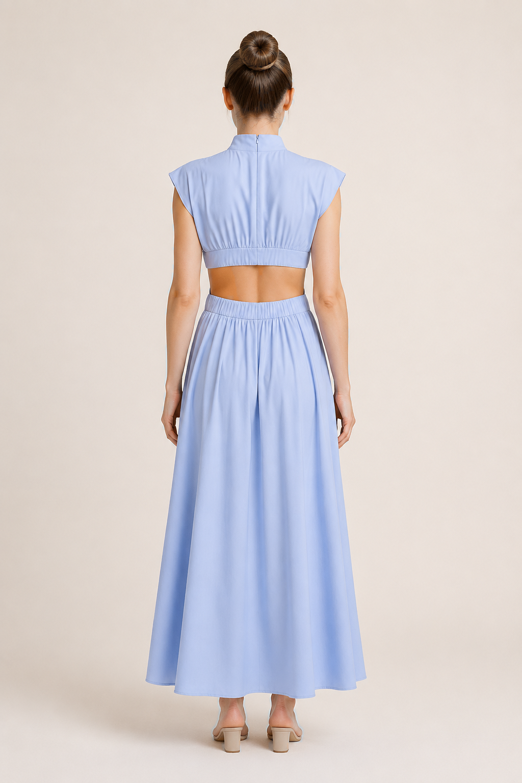 High-Neck Pleated Maxi Dress in Light Blue, back view