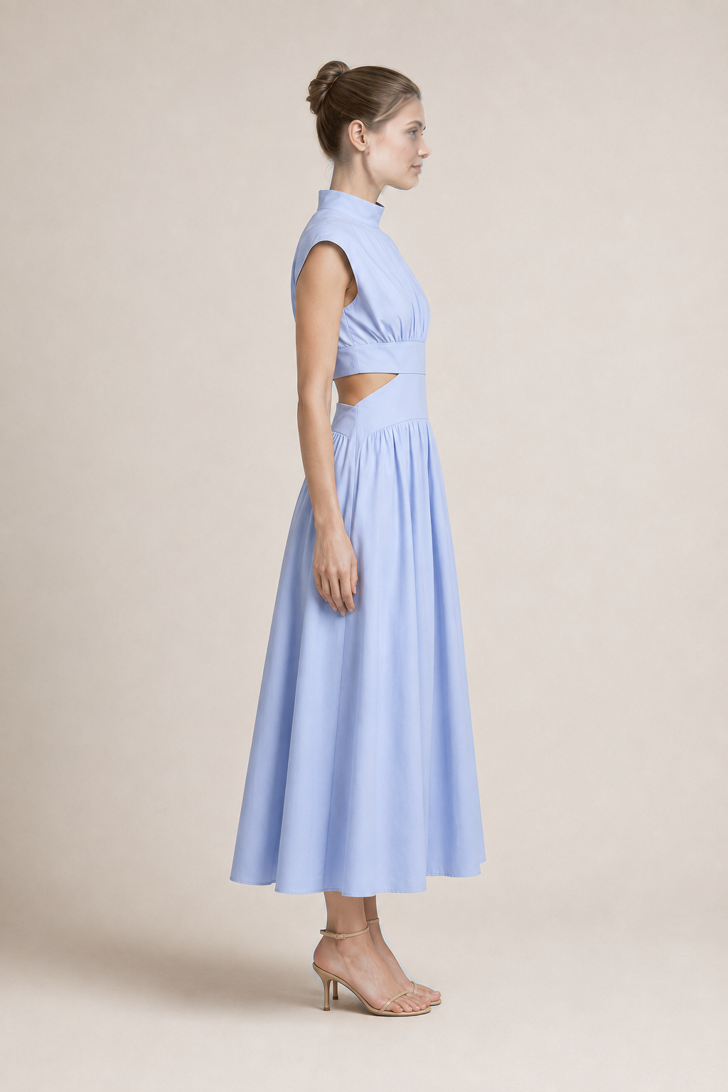 High-Neck Pleated Maxi Dress in Light Blue, side view