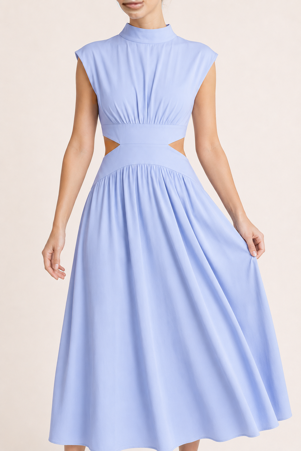 High-Neck Pleated Maxi Dress in Light Blue, pleated fabric detail