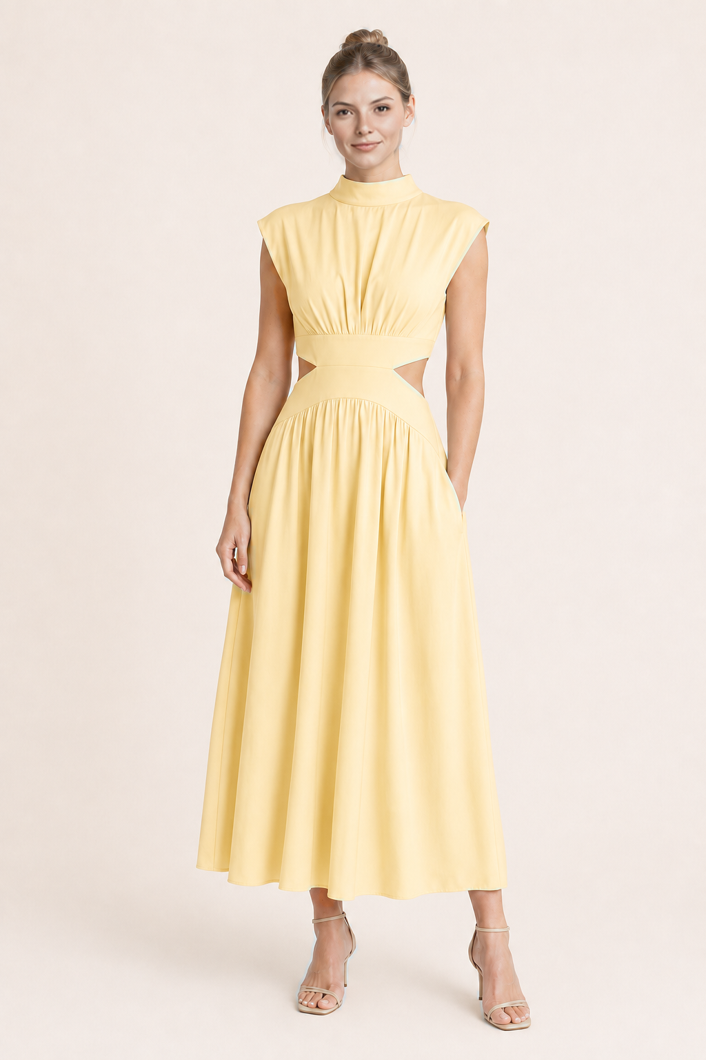 High-Neck Pleated Maxi Dress in Light Yellow, front three-quarter view
