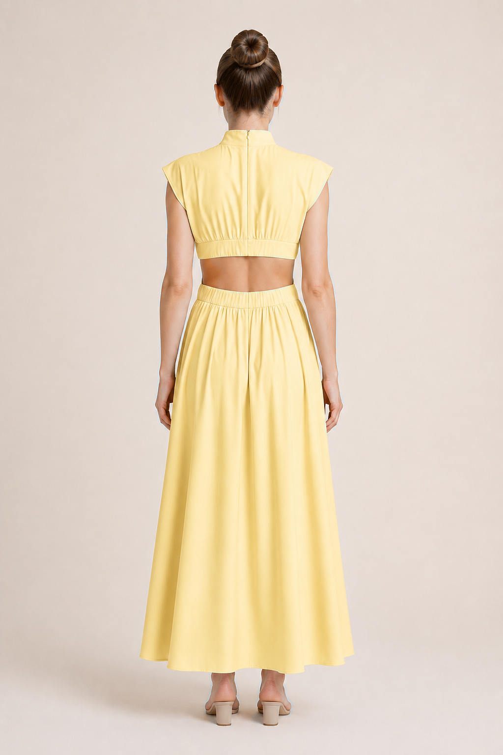 High-Neck Pleated Maxi Dress in Light Yellow, back view