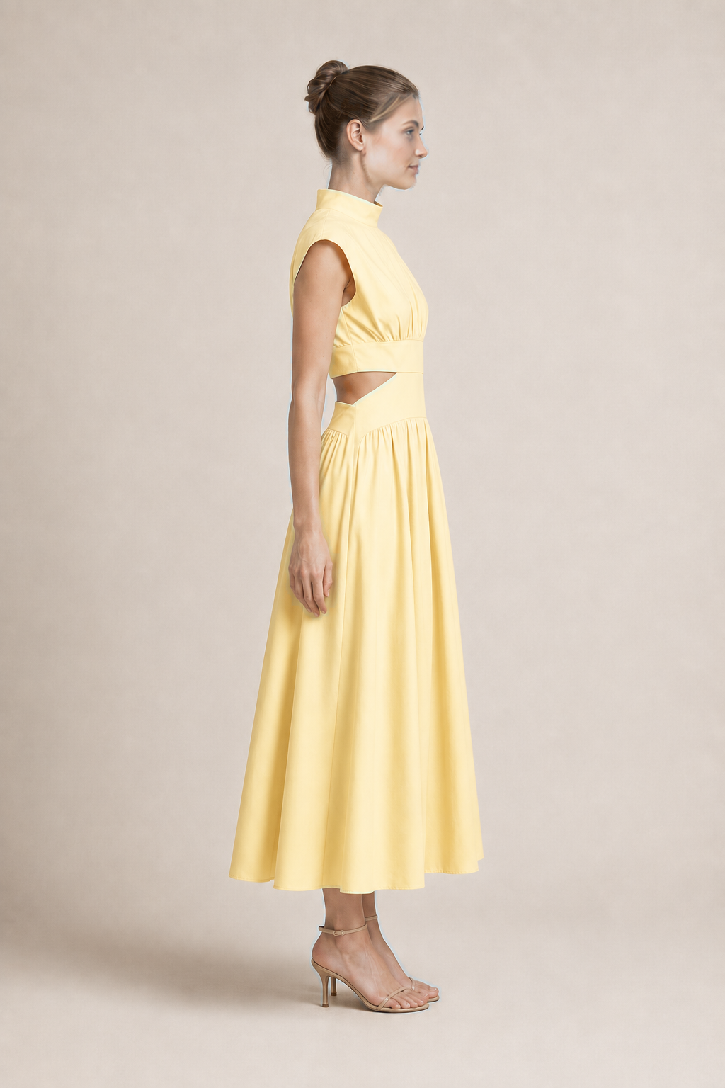 High-Neck Pleated Maxi Dress in Light Yellow, side view