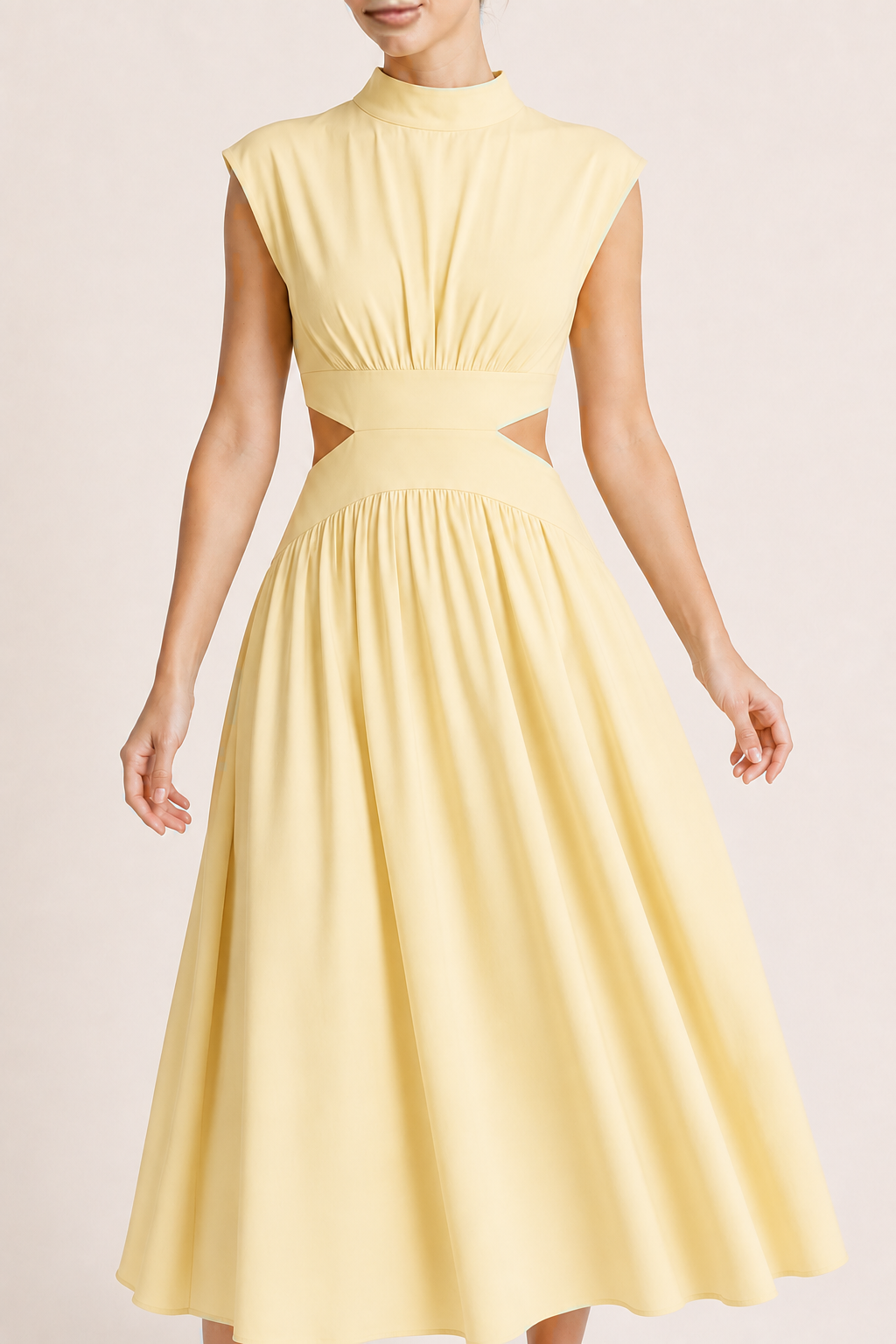 High-Neck Pleated Maxi Dress in Light Yellow, pleated fabric detail
