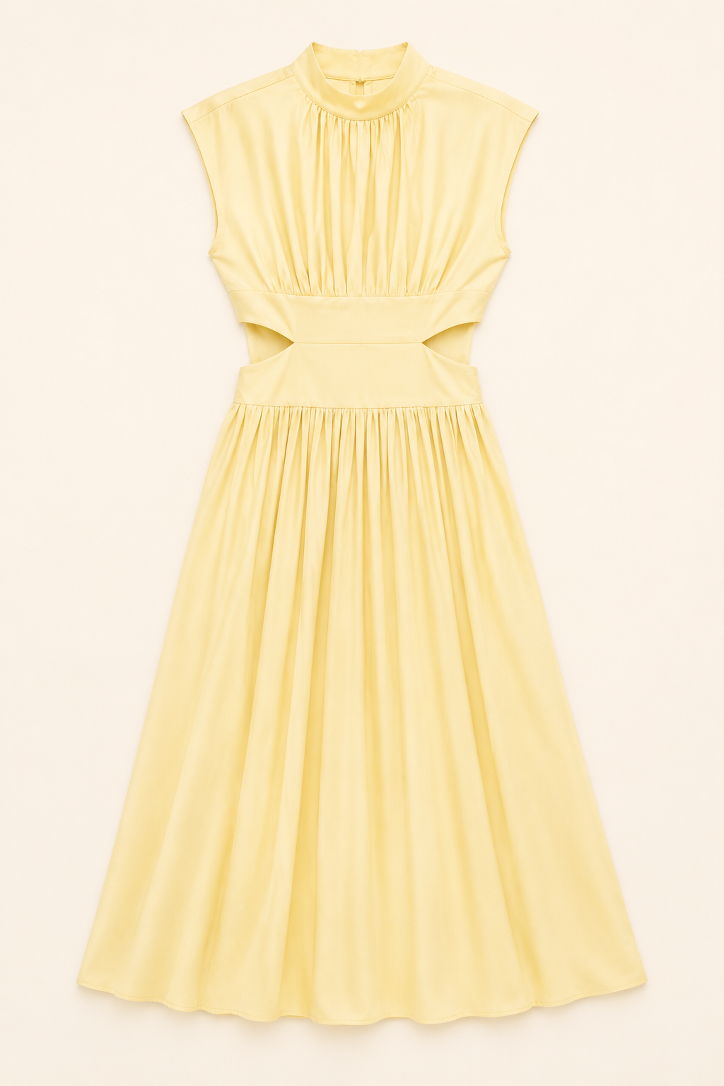 High-Neck Pleated Maxi Dress in Light Yellow, flat lay