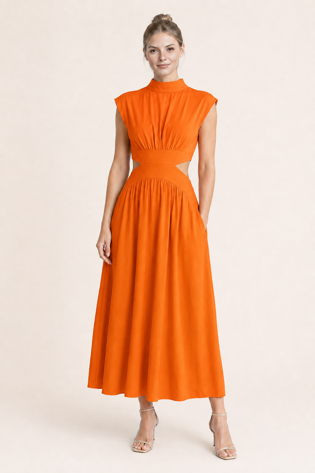 High-Neck Pleated Maxi Dress in Orange, front three-quarter view