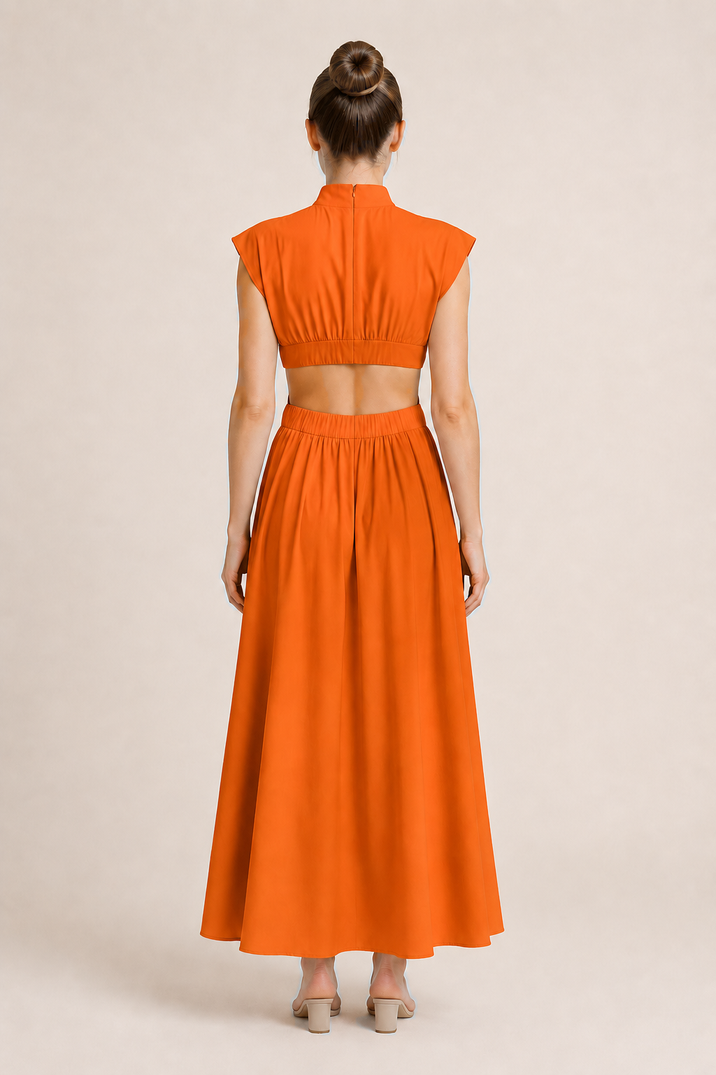 High-Neck Pleated Maxi Dress in Orange, back view