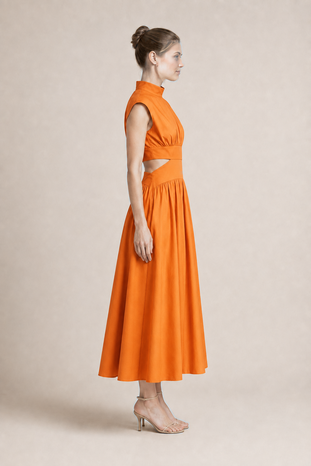 High-Neck Pleated Maxi Dress in Orange, side view