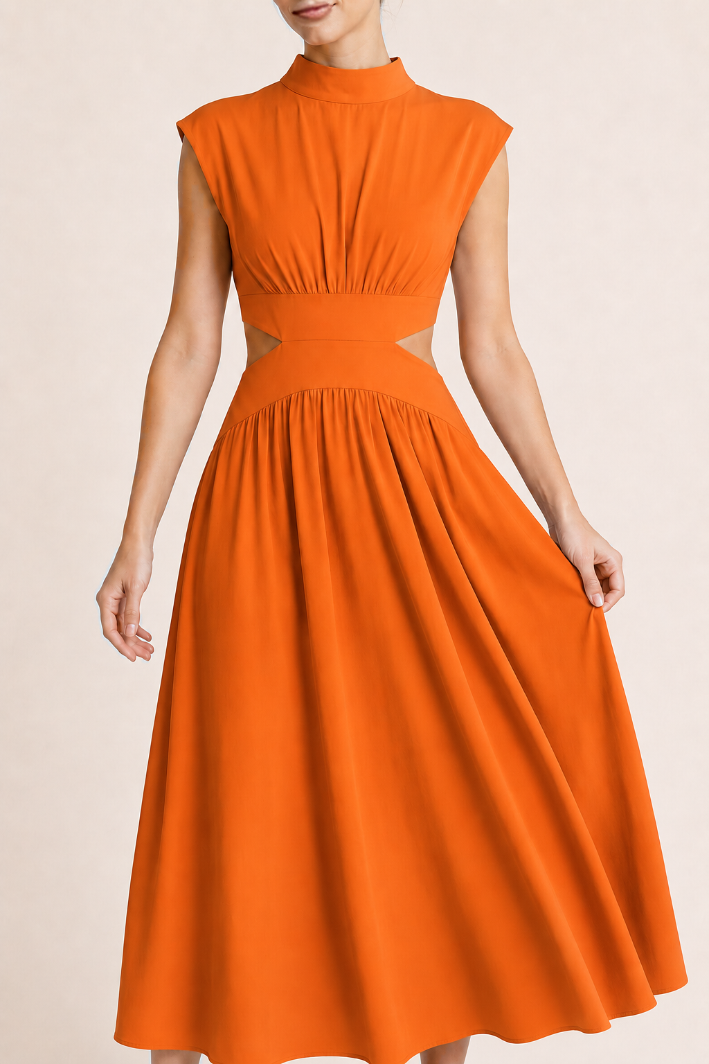 High-Neck Pleated Maxi Dress in Orange, pleated fabric detail