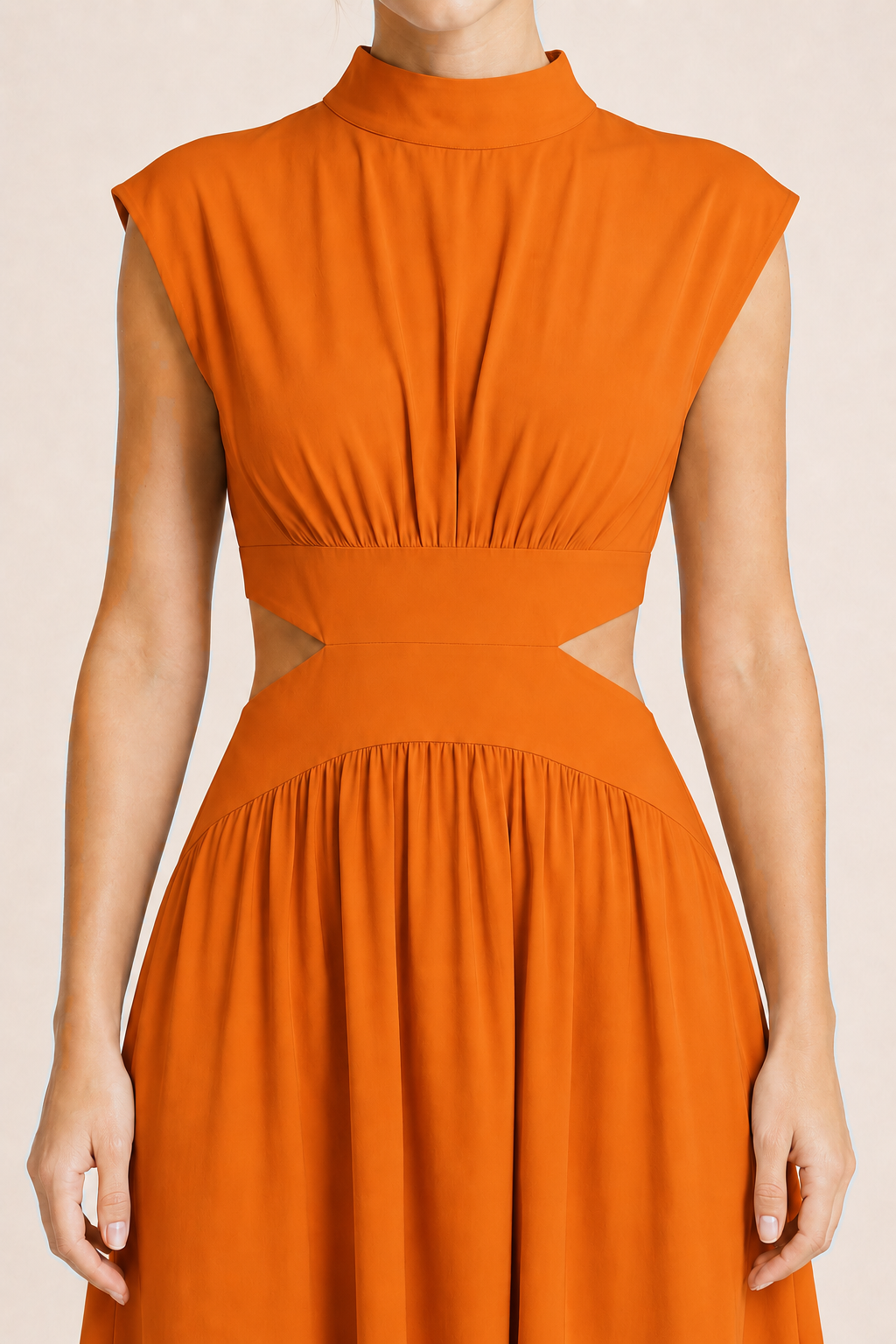 High-Neck Pleated Maxi Dress in Orange, cutout waist construction detail
