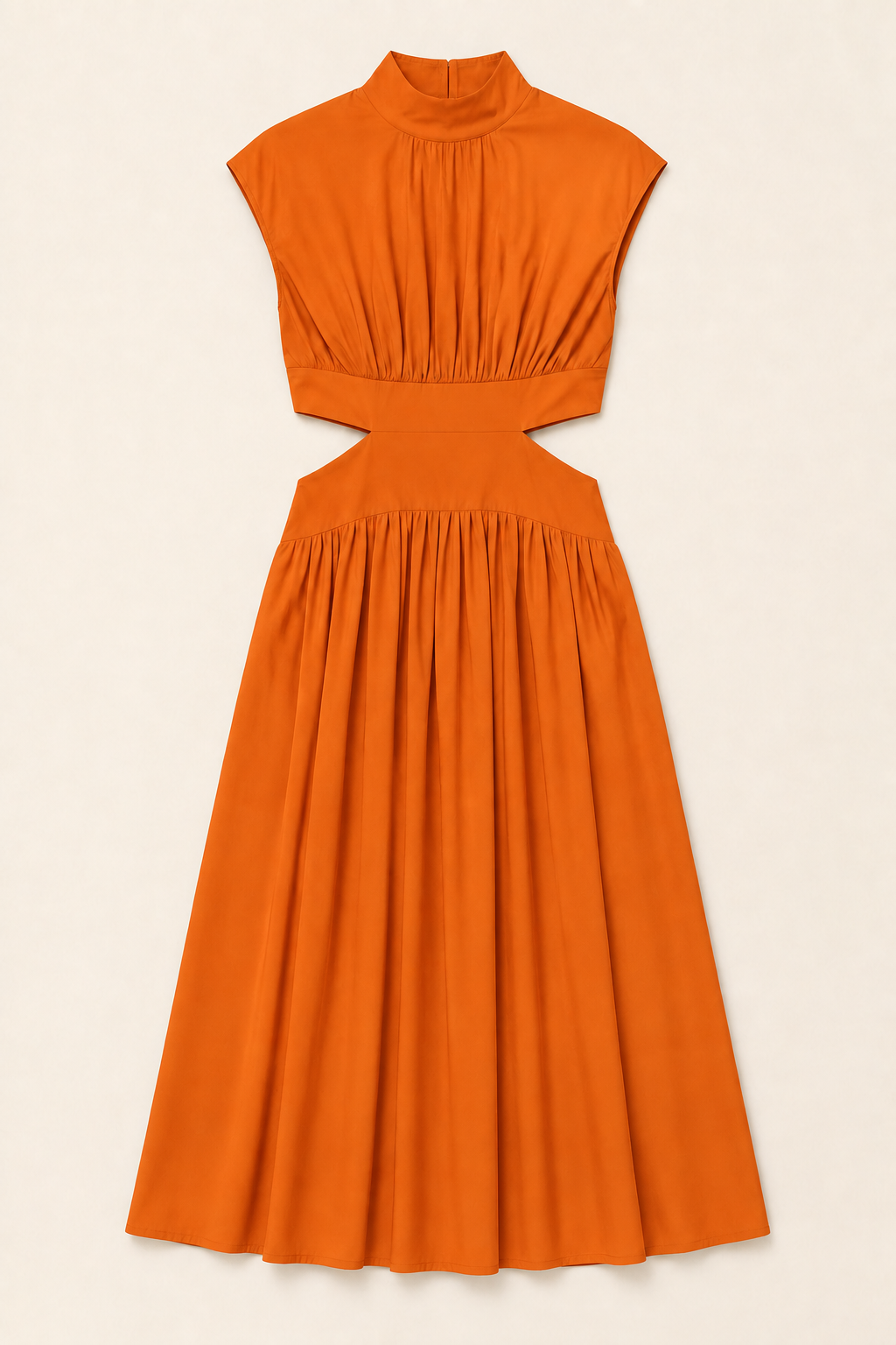 High-Neck Pleated Maxi Dress in Orange, flat lay