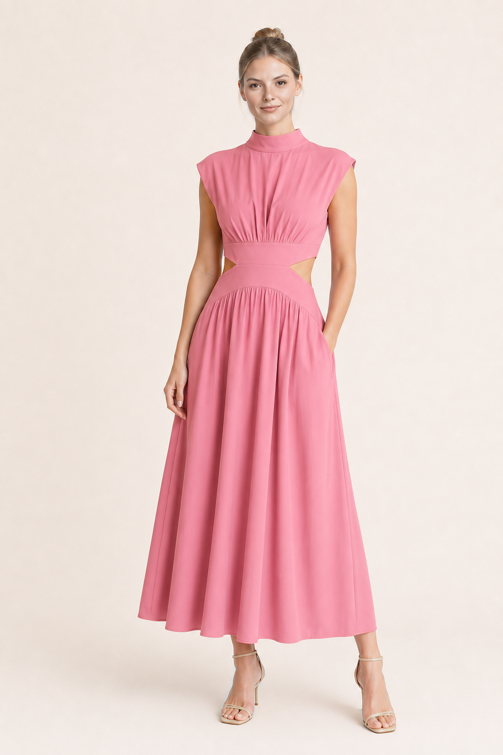 High-Neck Pleated Maxi Dress in Pink, front three-quarter view