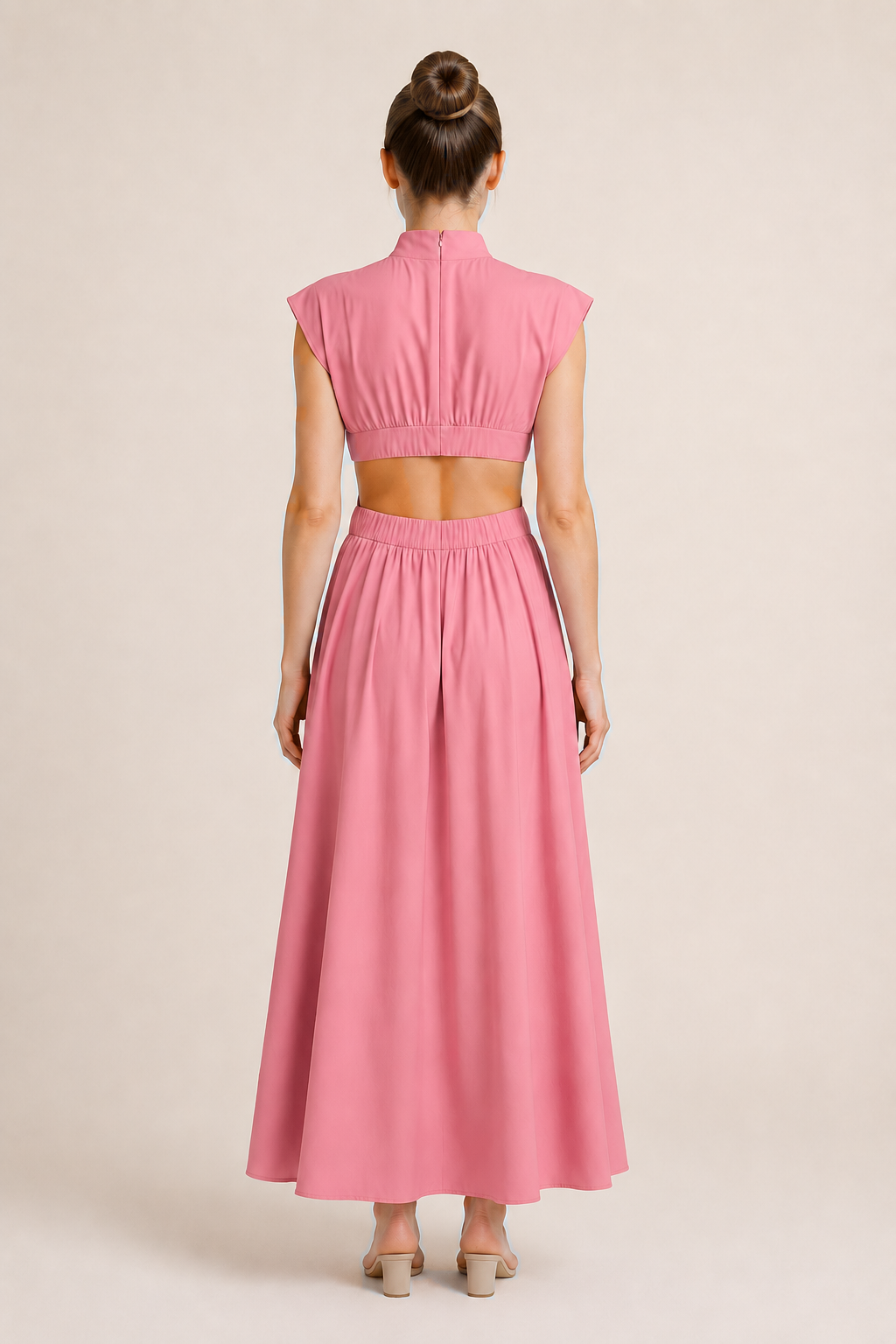 High-Neck Pleated Maxi Dress in Pink, back view