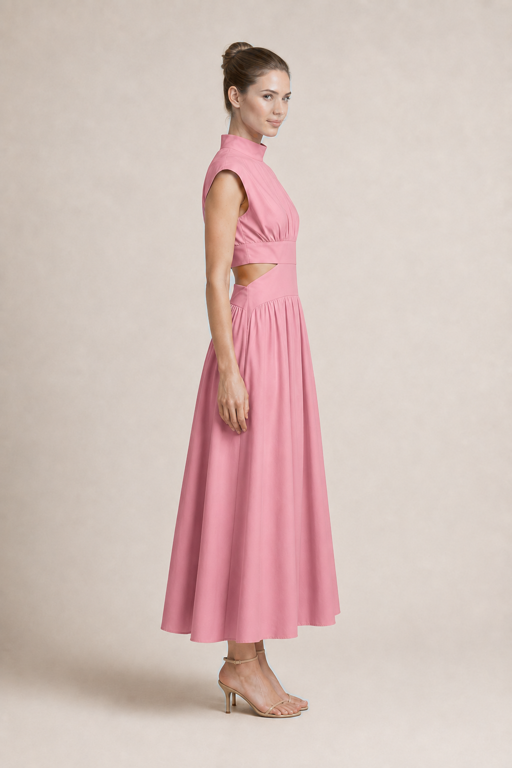 High-Neck Pleated Maxi Dress in Pink, side view