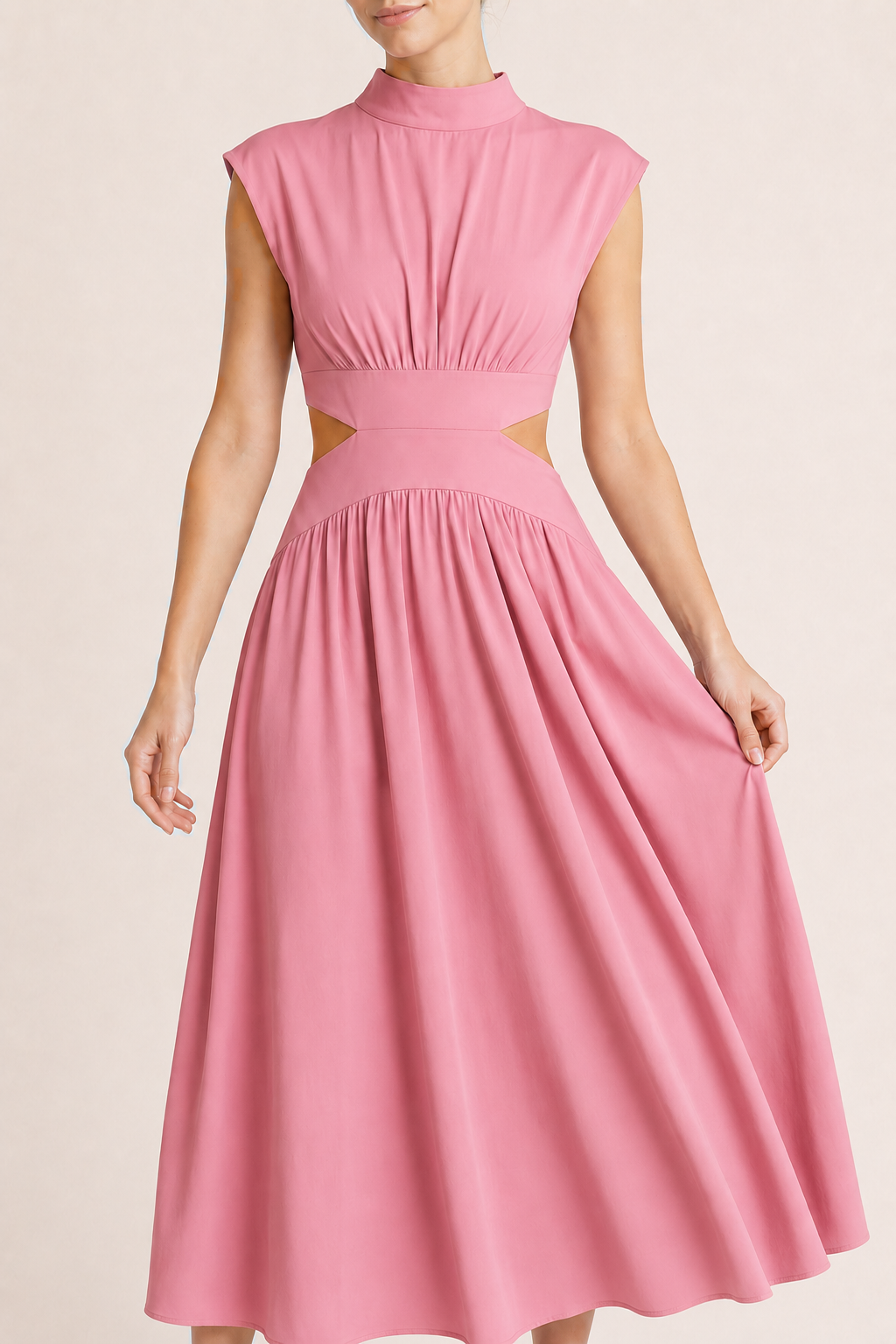 High-Neck Pleated Maxi Dress in Pink, pleated fabric detail