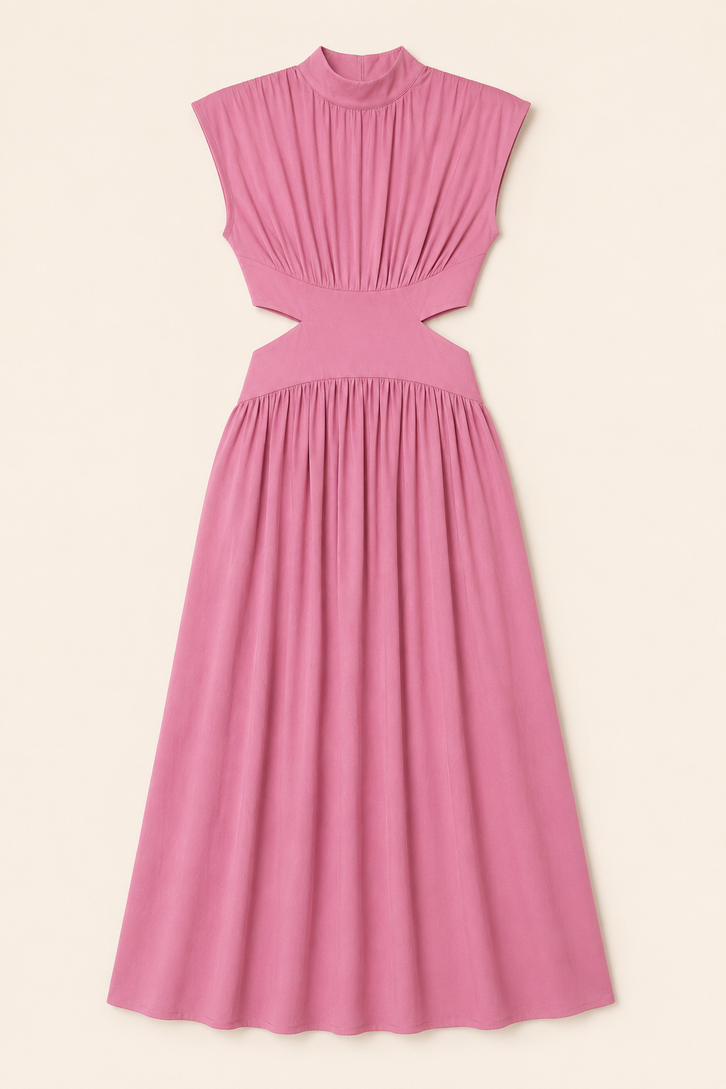 High-Neck Pleated Maxi Dress in Pink, flat lay