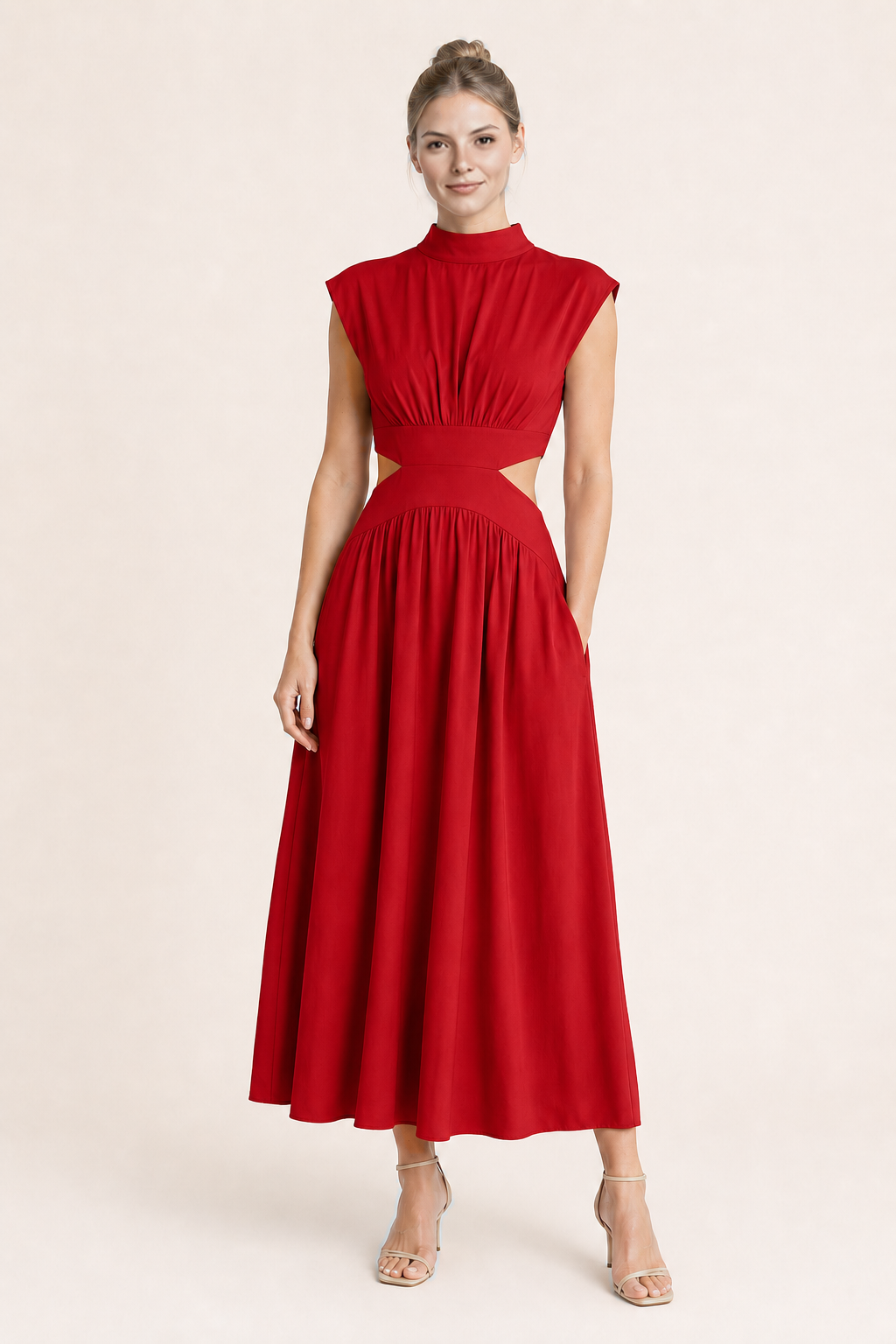 High-Neck Pleated Maxi Dress in Red, front three-quarter view