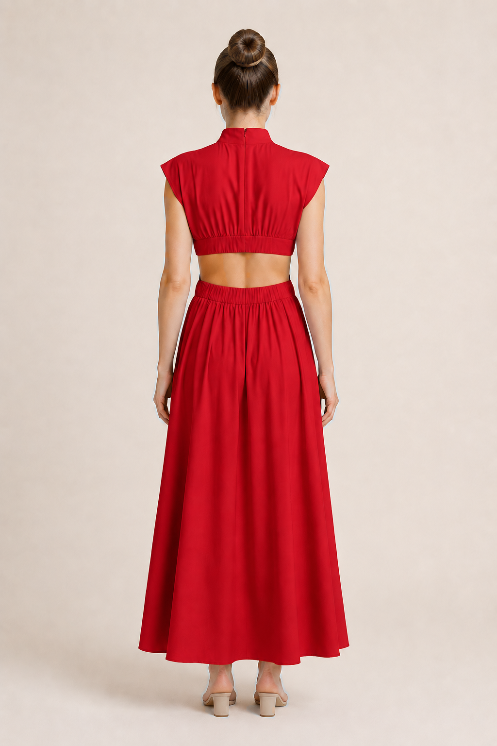 High-Neck Pleated Maxi Dress in Red, back view