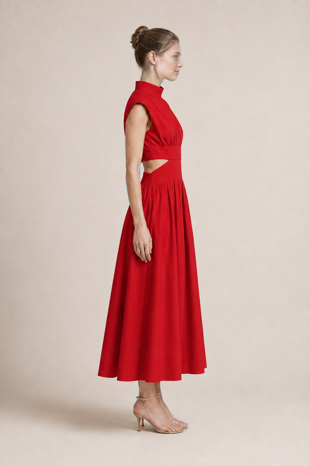 High-Neck Pleated Maxi Dress in Red, side view