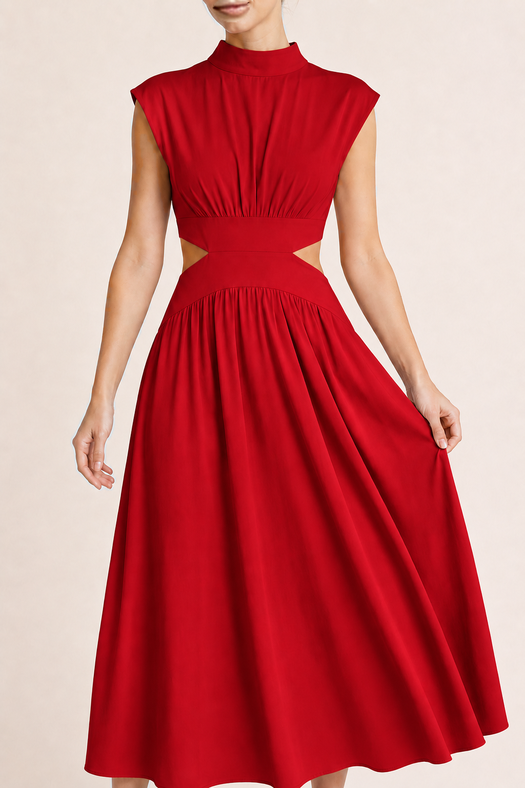 High-Neck Pleated Maxi Dress in Red, pleated fabric detail