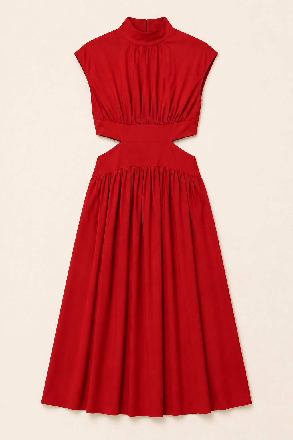High-Neck Pleated Maxi Dress in Red, flat lay