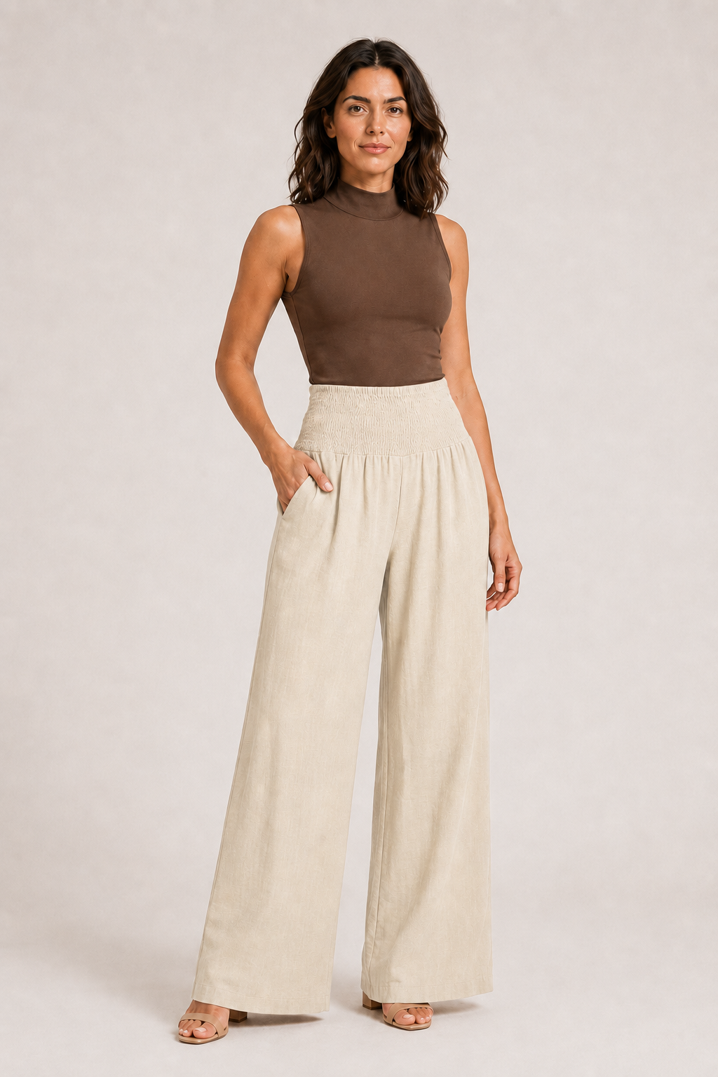 Woman wearing the apricot high-waisted palazzo trousers, front three-quarter view