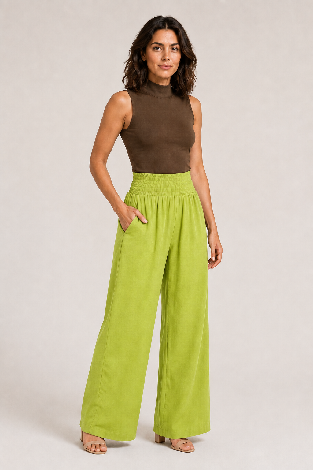 Woman wearing the bright green high-waisted palazzo trousers, front three-quarter view