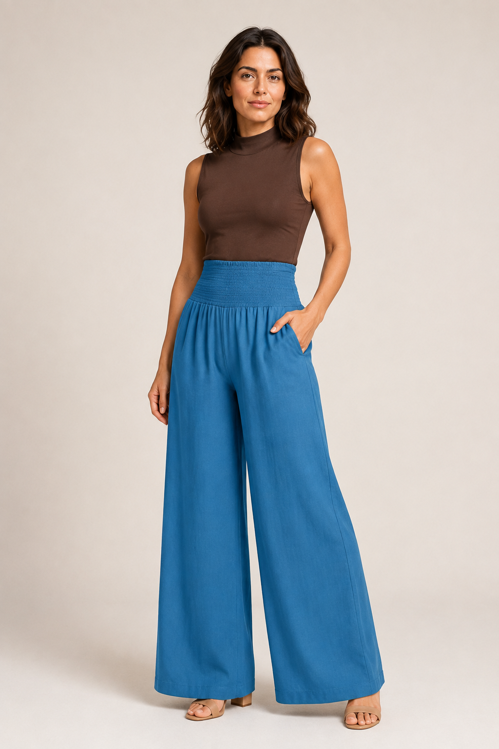 Woman wearing the lake blue high-waisted palazzo trousers, front three-quarter view