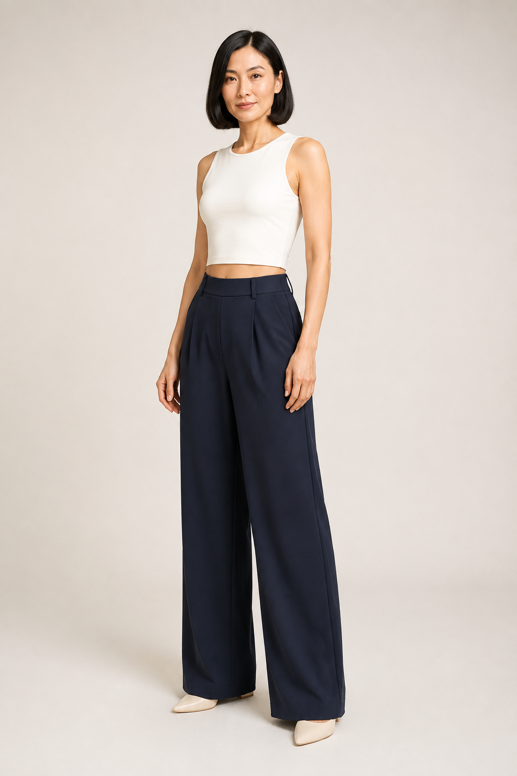Dark Blue wide-leg trousers front three-quarter view