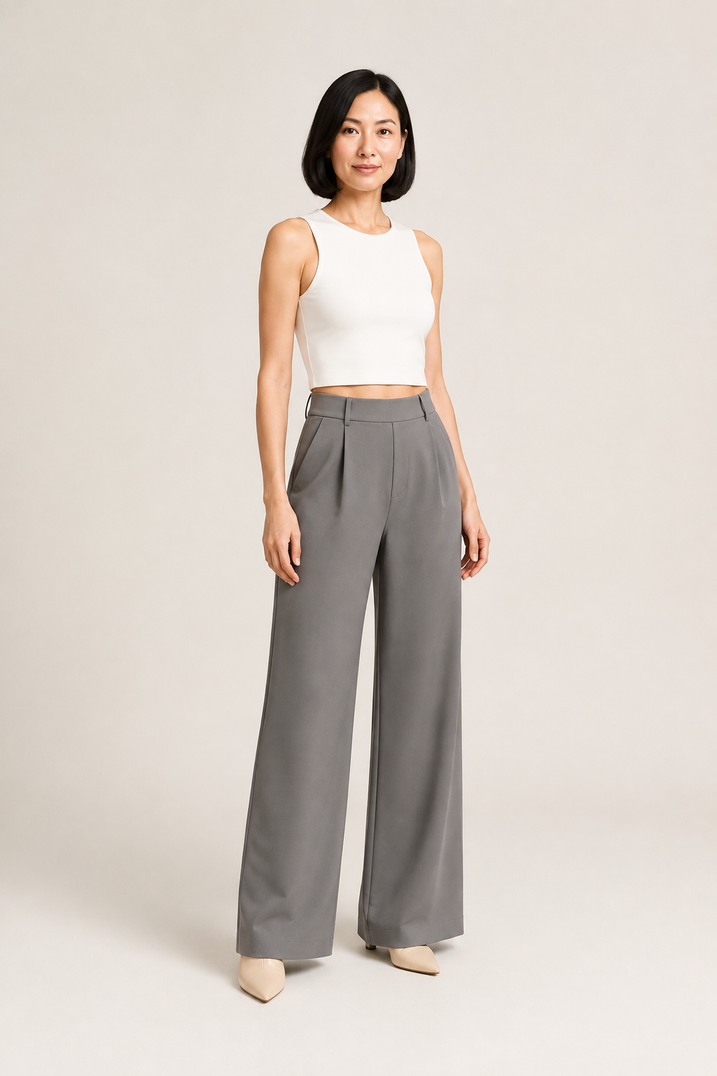 Grey wide-leg trousers front three-quarter view