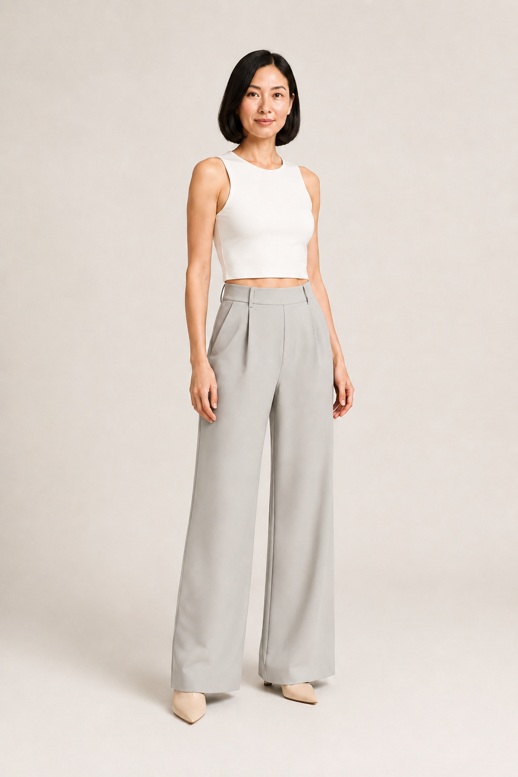 Light Grey wide-leg trousers front three-quarter view