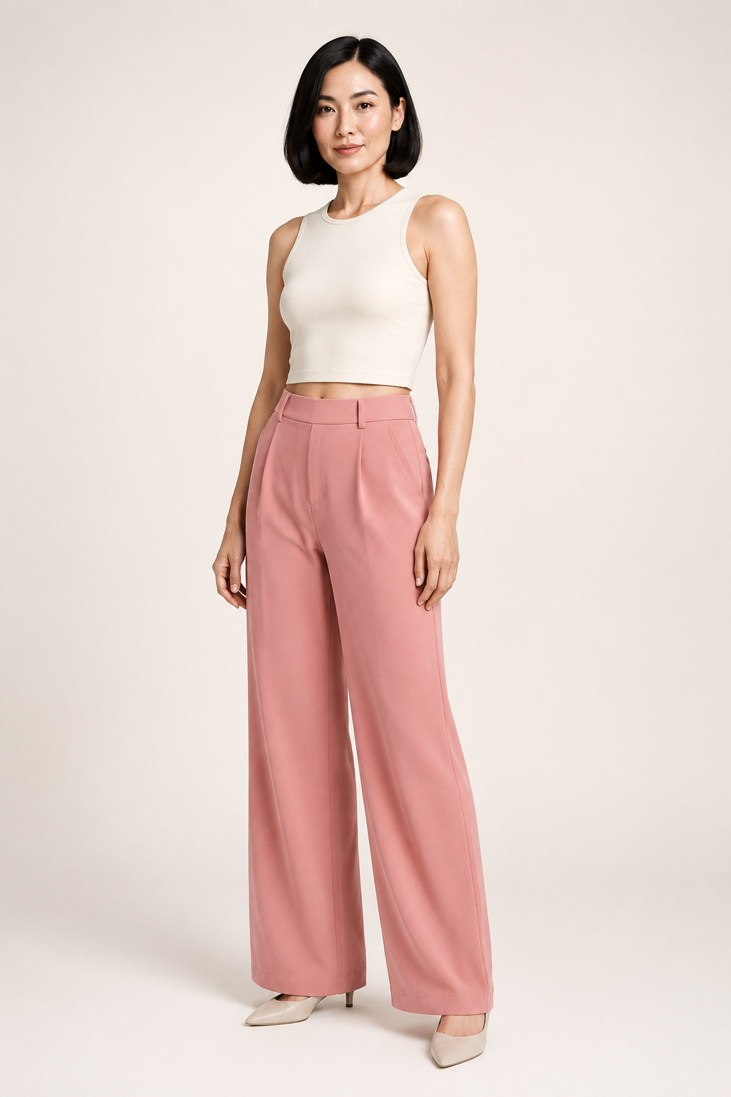 Pink wide-leg trousers front three-quarter view