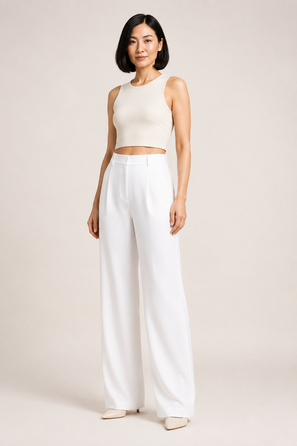 White wide-leg trousers front three-quarter view