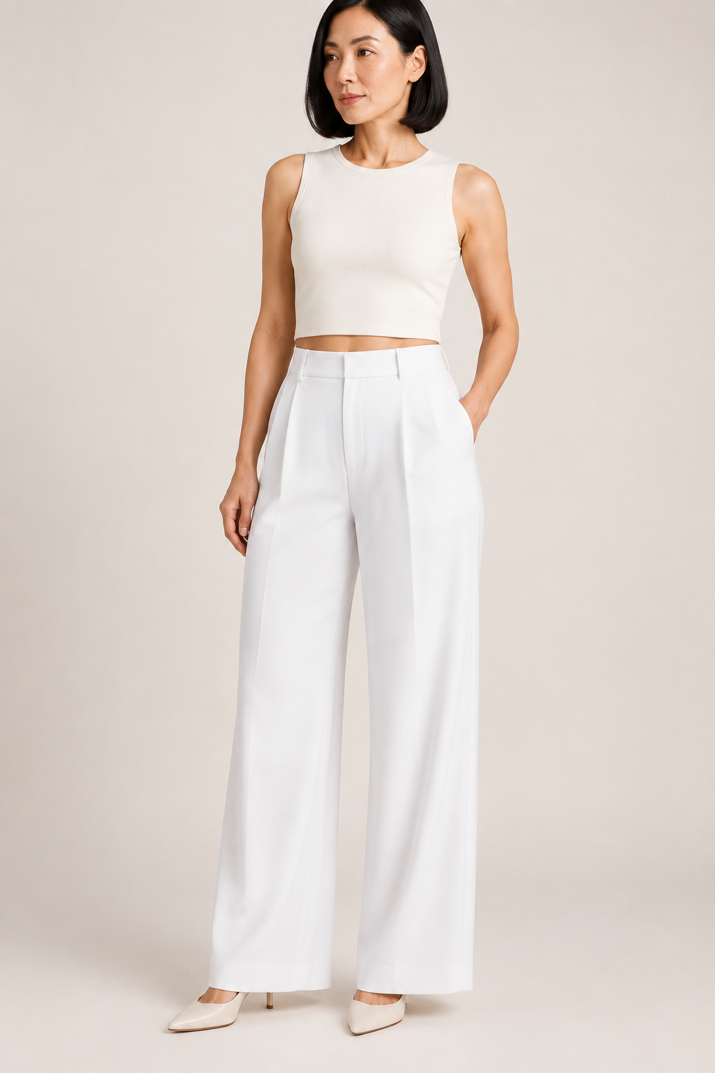 White wide-leg trousers fabric detail