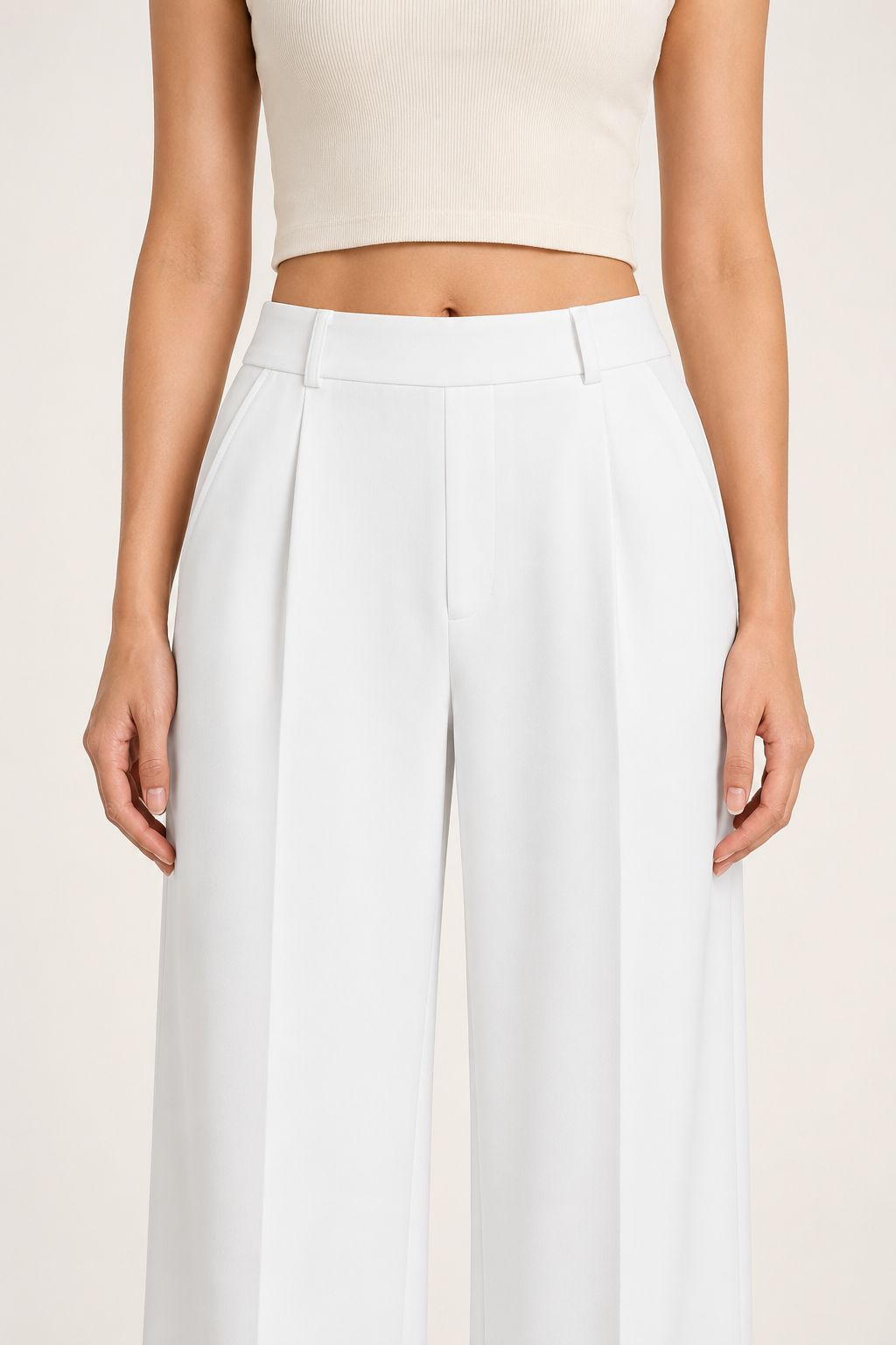 White trousers waistband construction detail