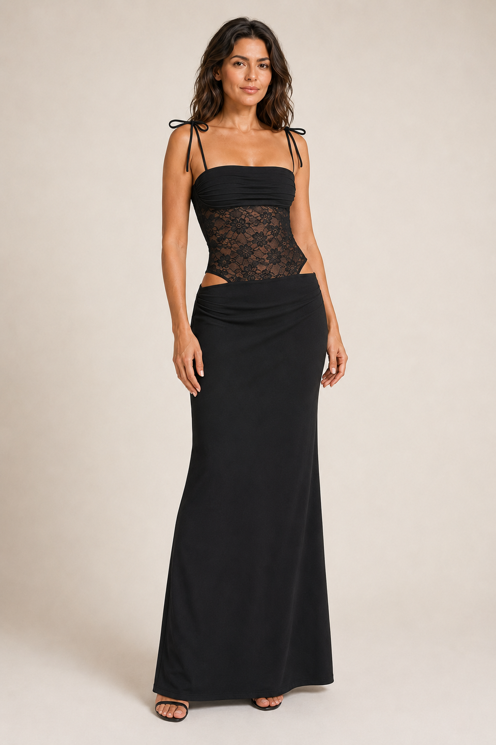 Black lace-bodice maxi dress front three-quarter view