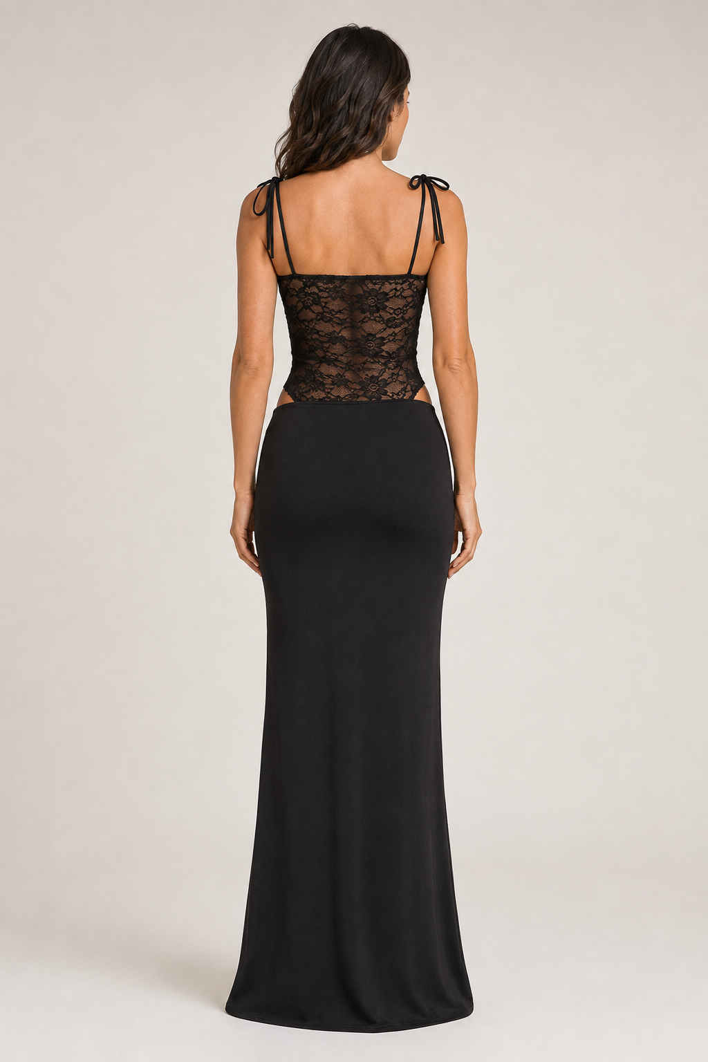 Black lace-bodice maxi dress back view