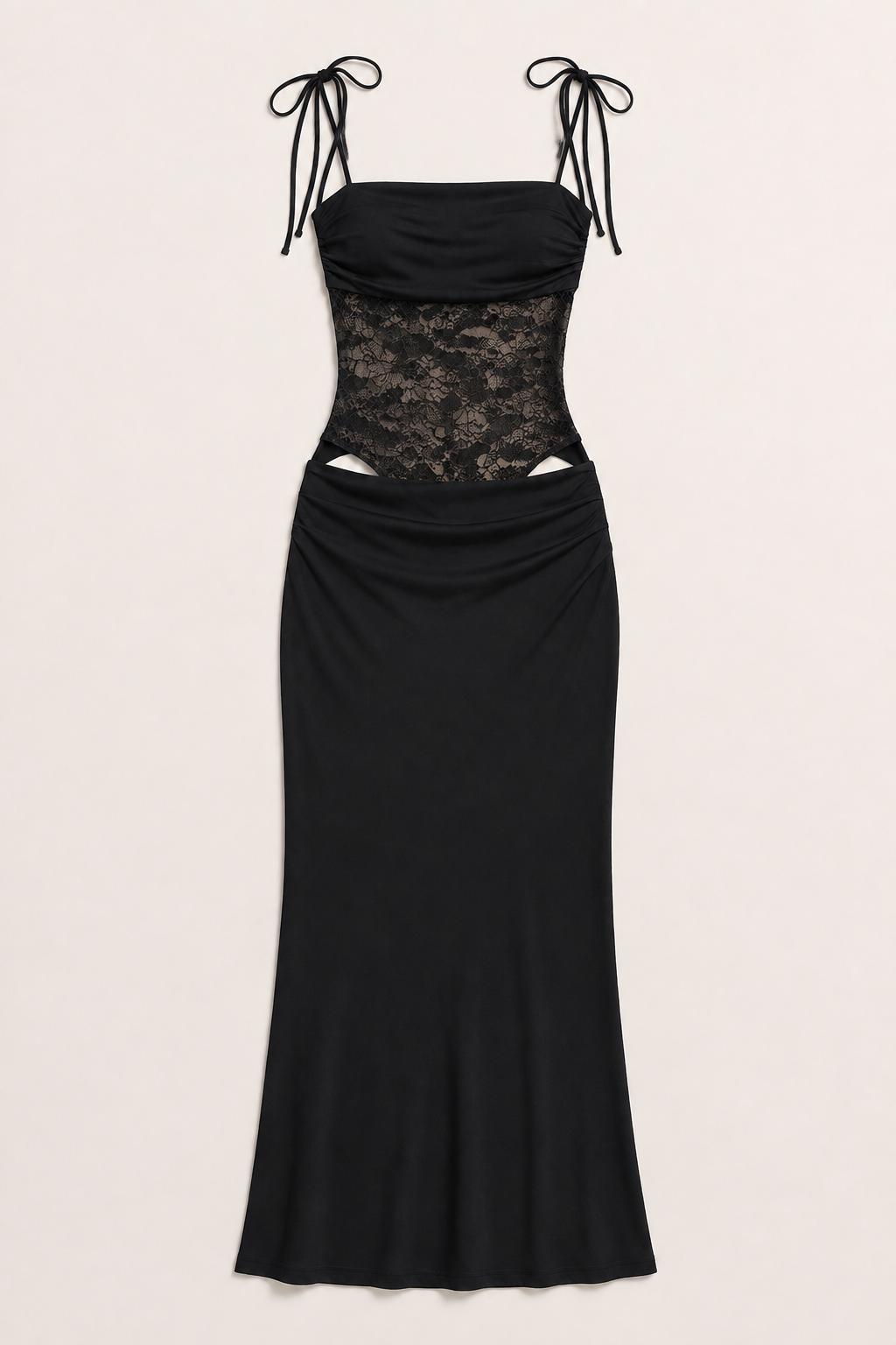 Black lace-bodice maxi dress flat lay