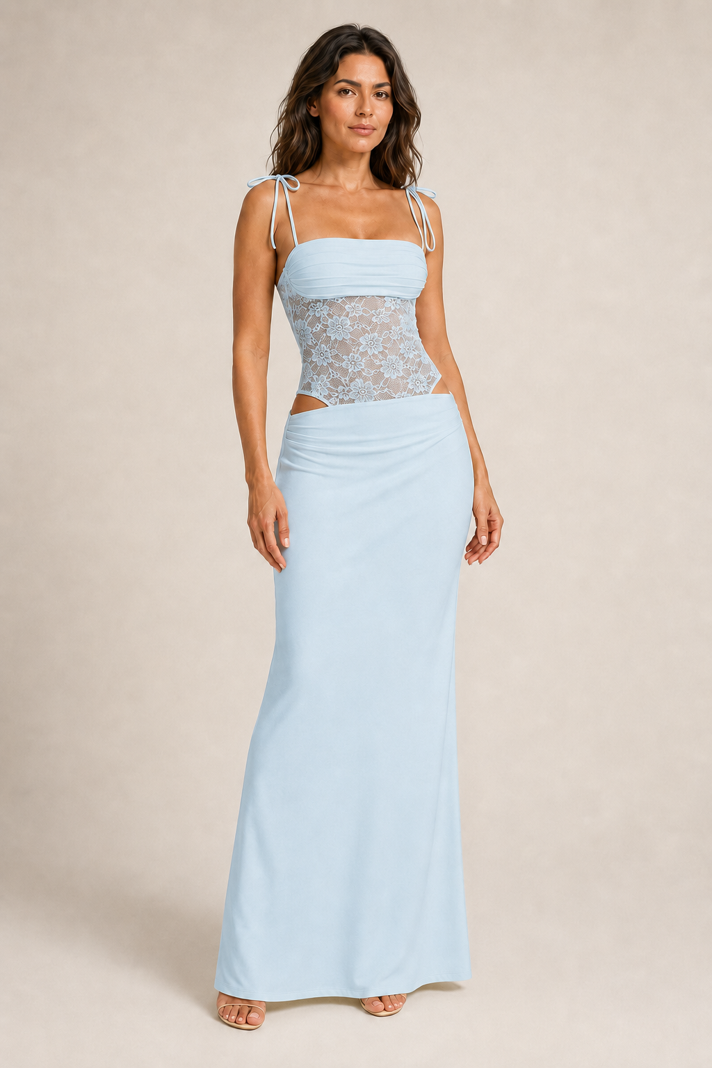 Blue lace-bodice maxi dress front three-quarter view