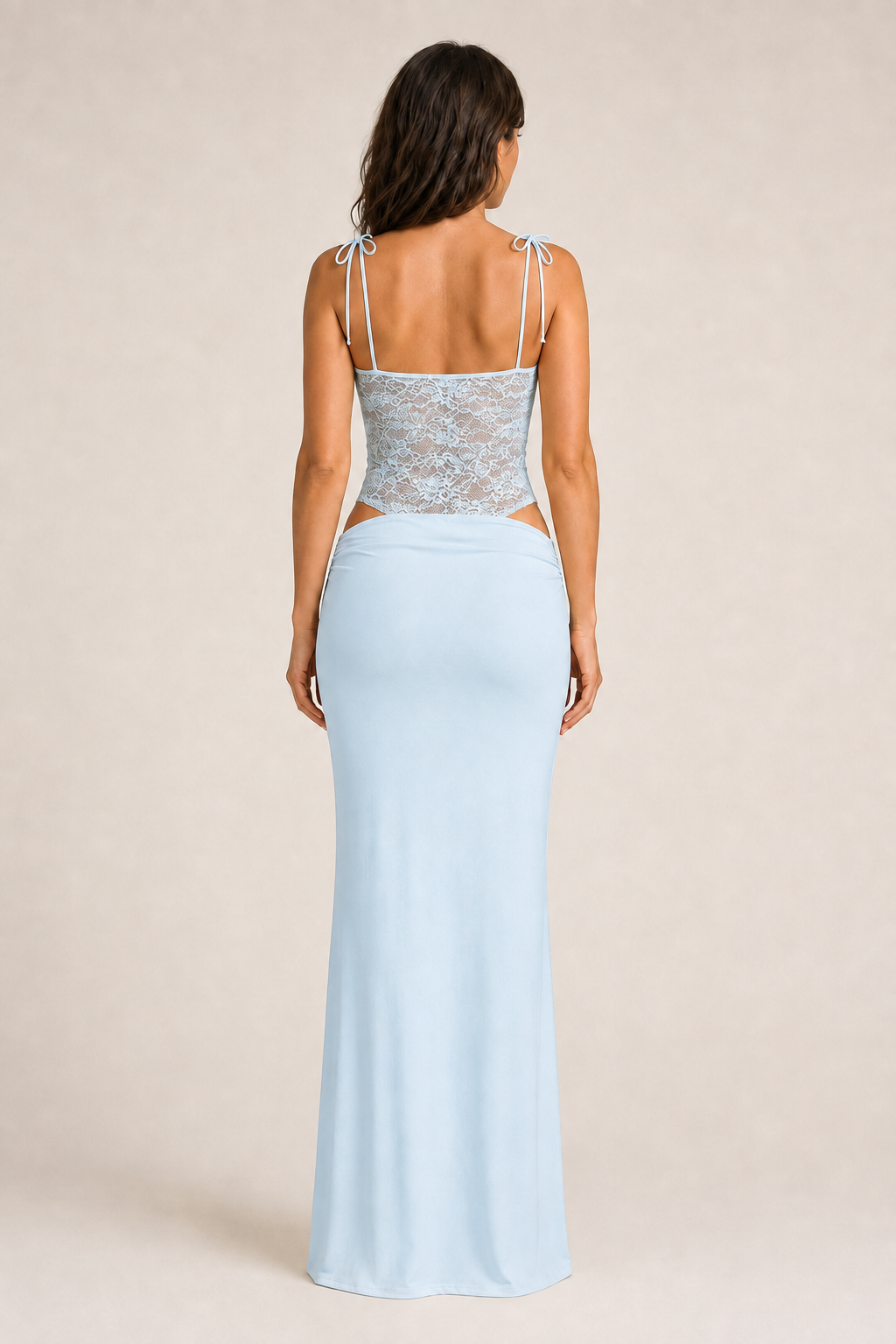 Blue lace-bodice maxi dress back view