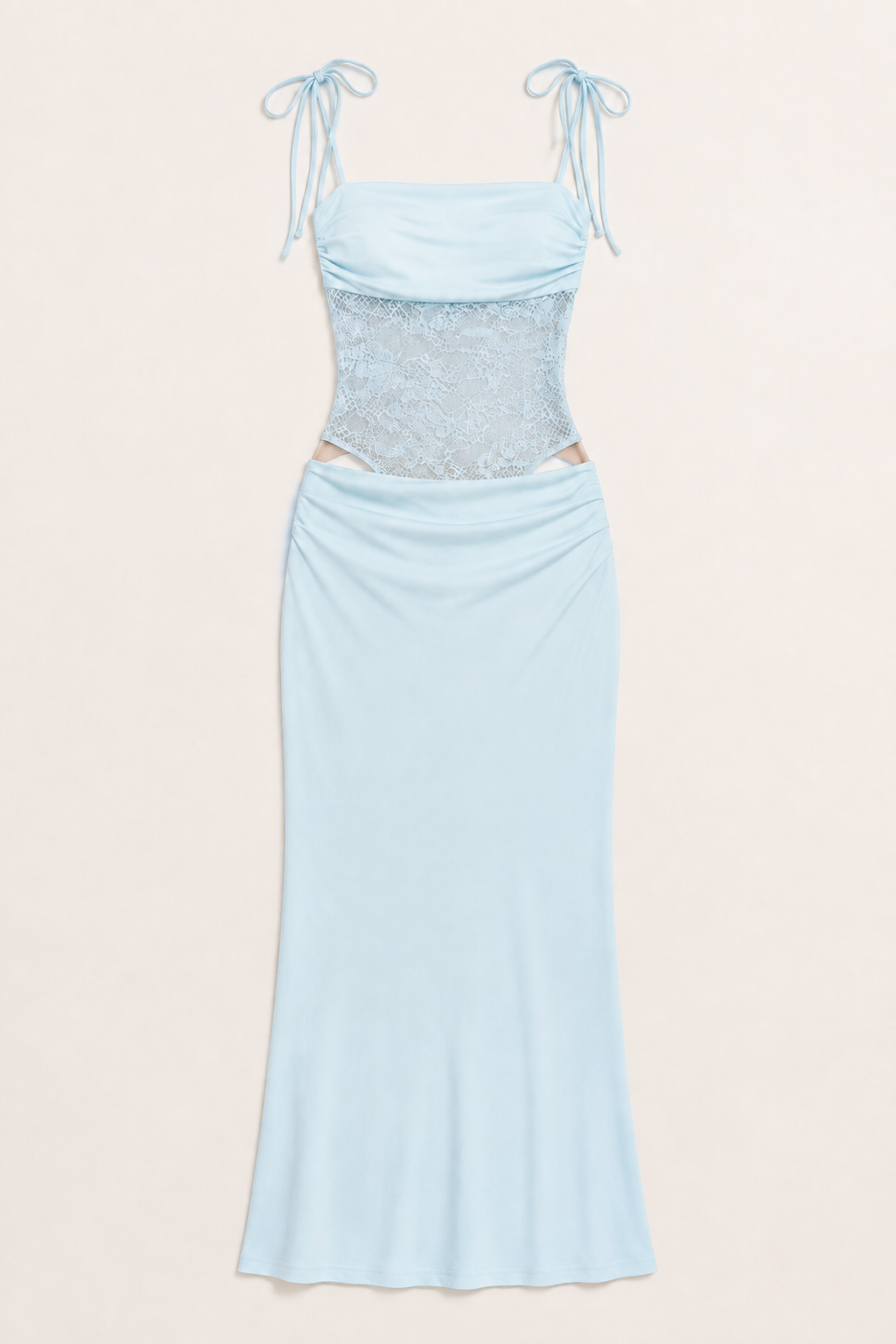 Blue lace-bodice maxi dress flat lay