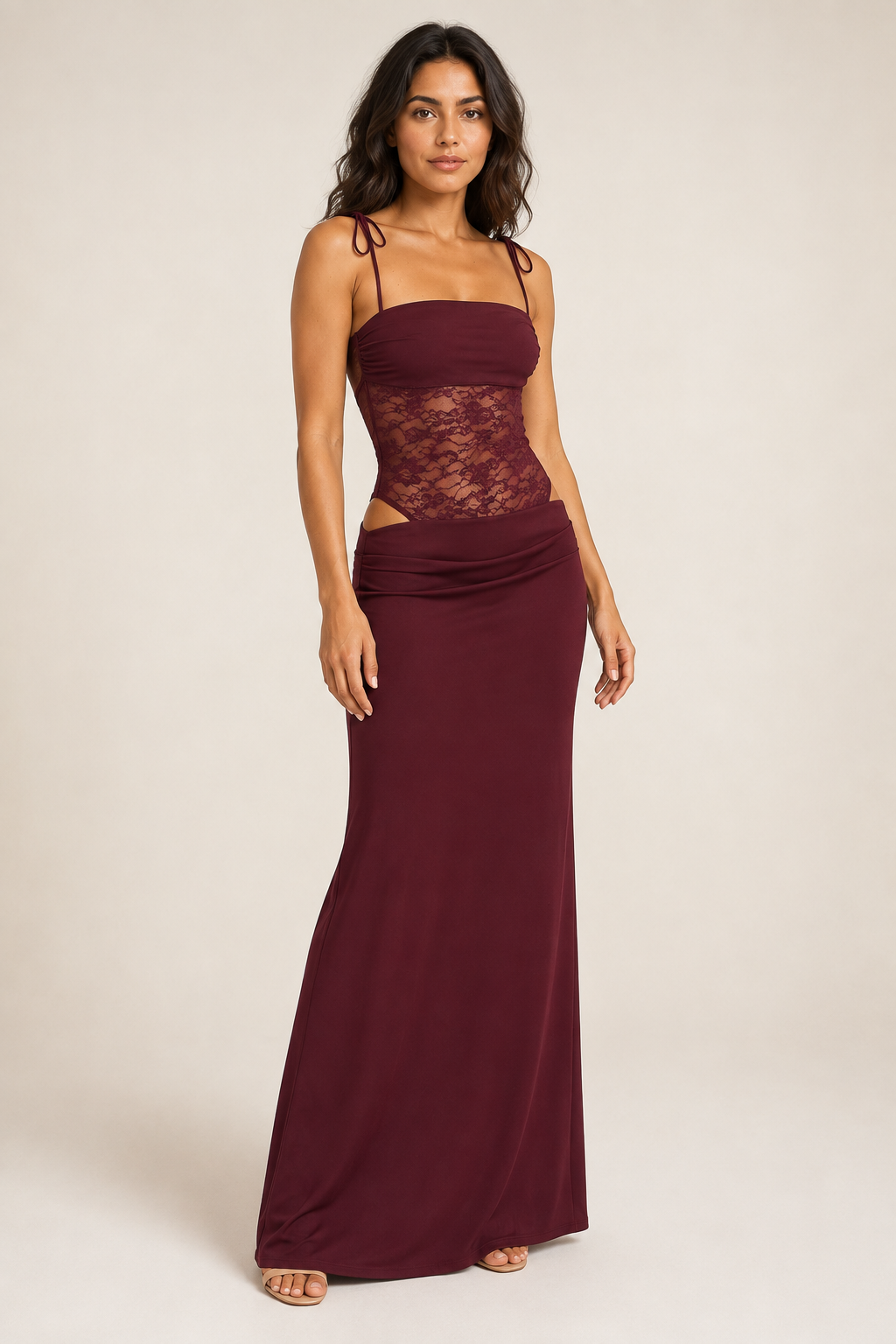 Burgundy lace-bodice maxi dress front three-quarter view