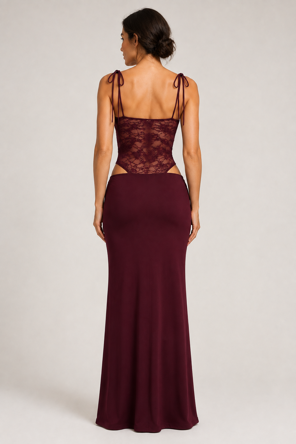 Burgundy lace-bodice maxi dress back view