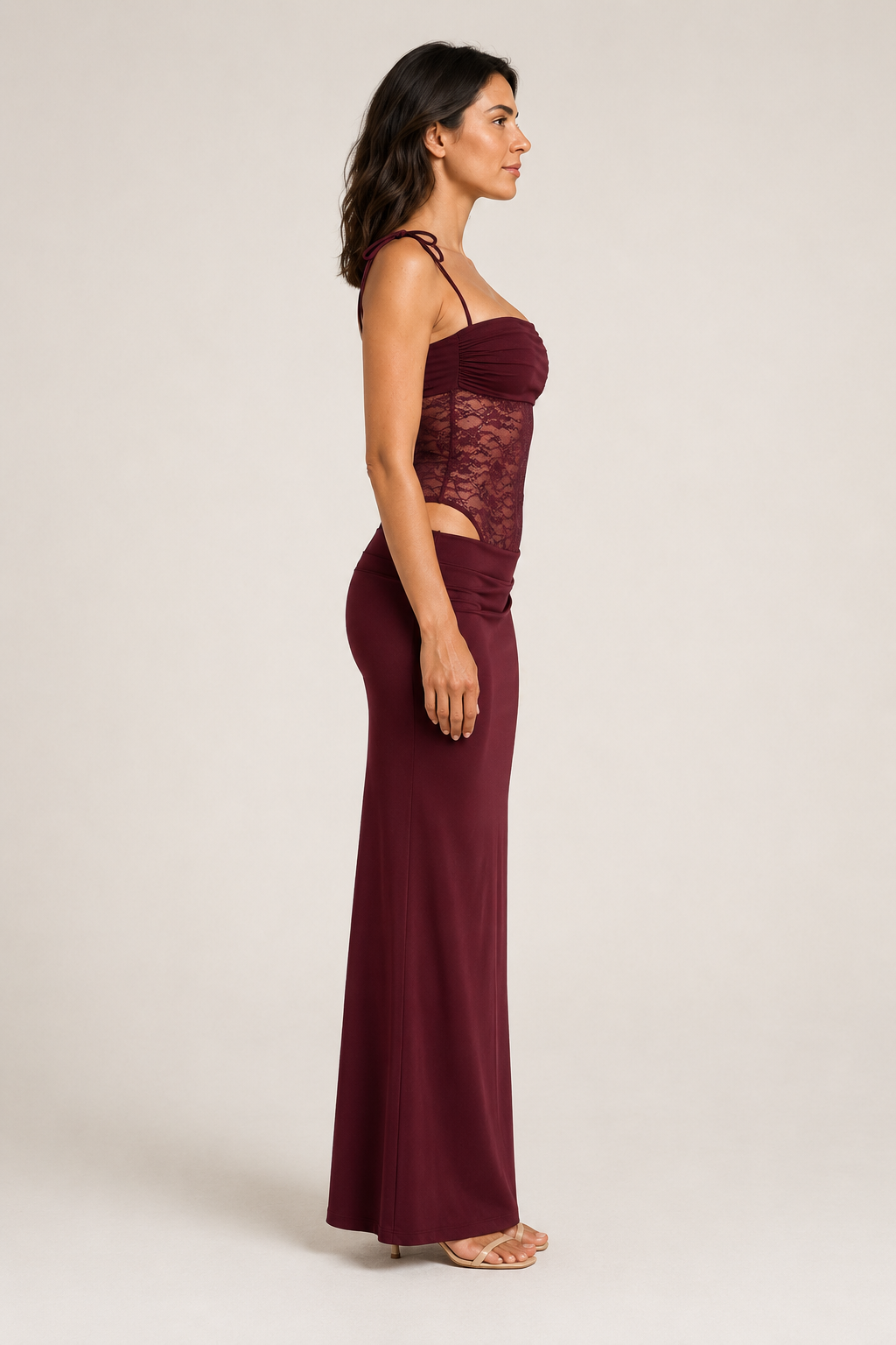 Burgundy lace-bodice maxi dress side view