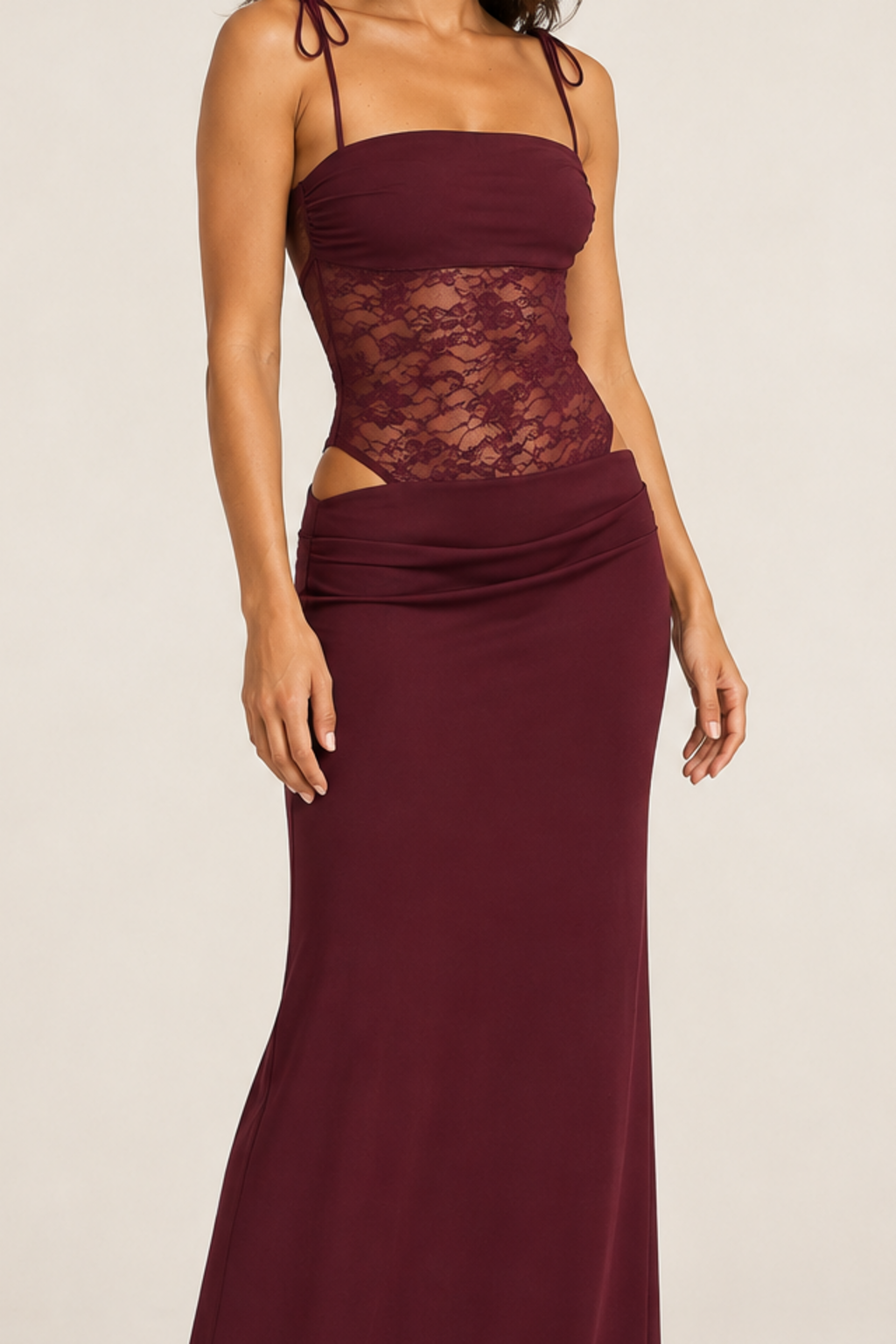 Burgundy maxi dress lace bodice detail