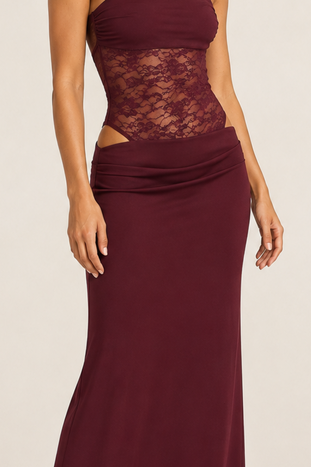 Burgundy maxi dress side-cutout hip detail