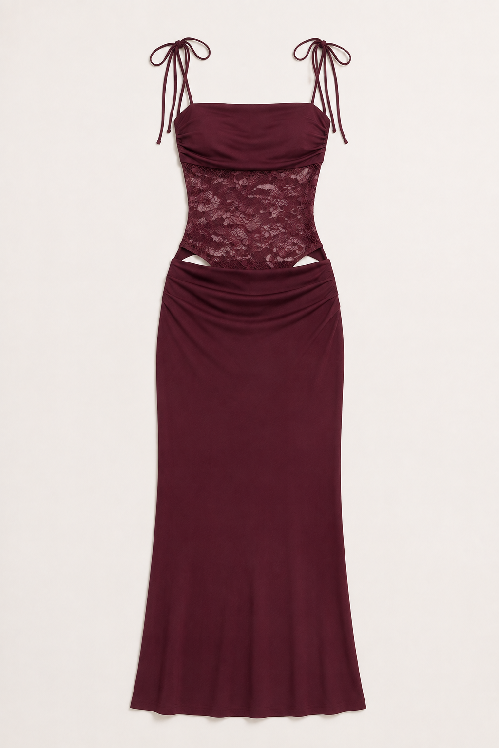 Burgundy lace-bodice maxi dress flat lay