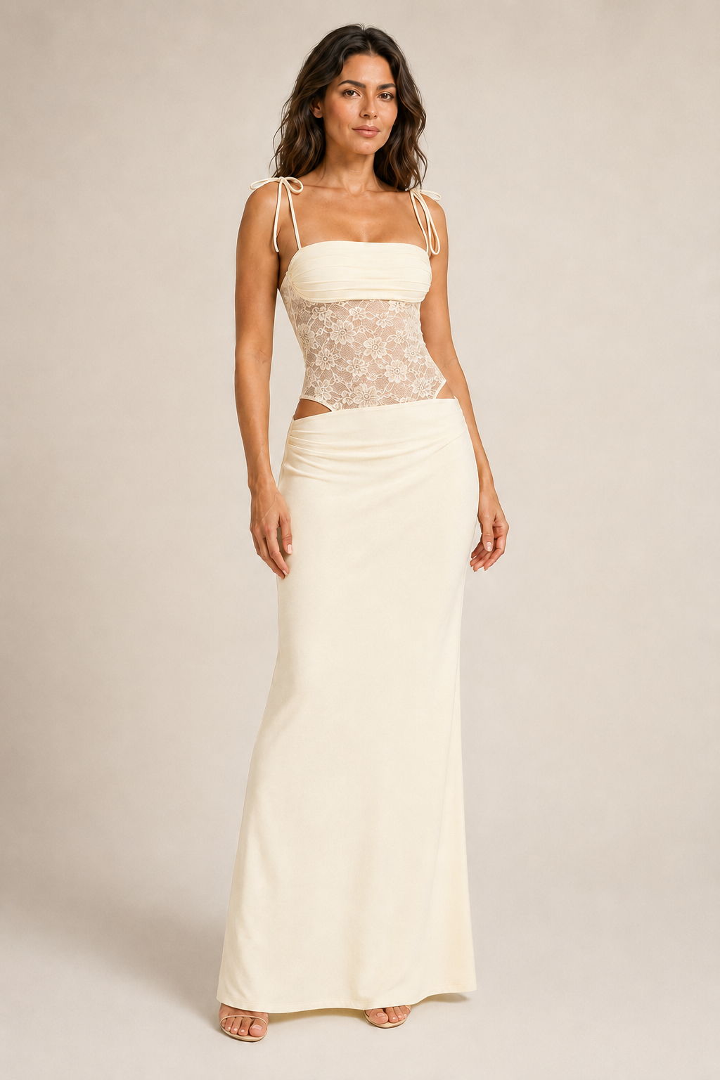 Light Apricot lace-bodice maxi dress front three-quarter view